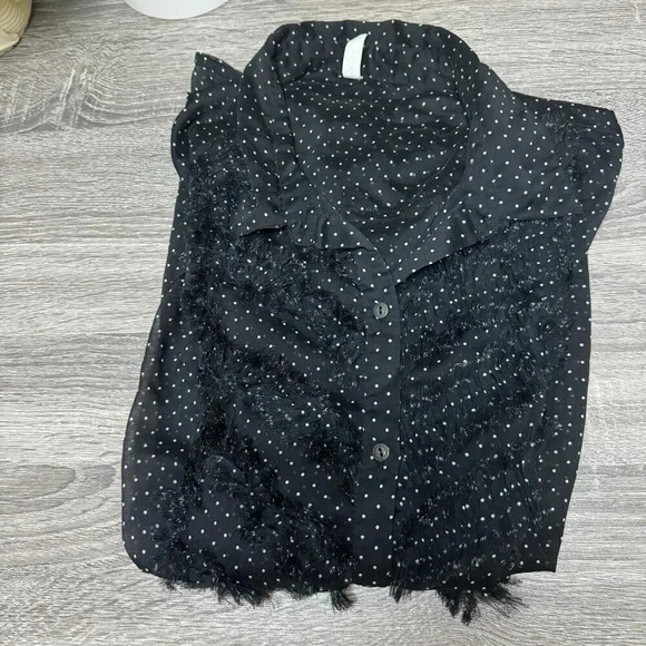 Free People Sheer Ruffle Black Polka Dot Fringe Tux Button Down Blouse Size M - Picture 10 of 11